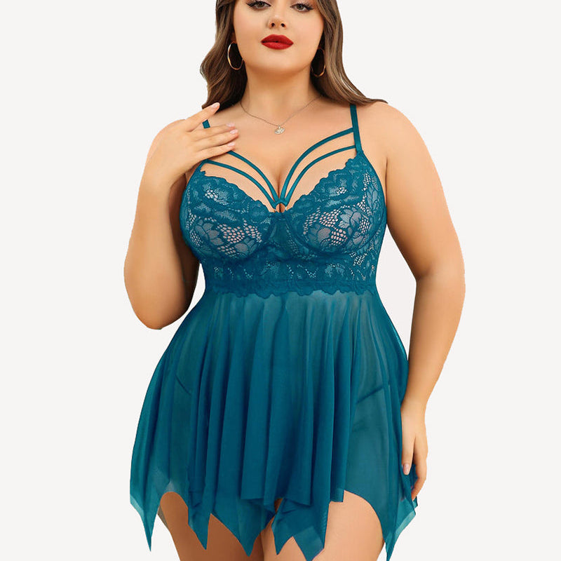 Teal plus size lace babydoll lingerie with adjustable straps and asymmetrical hem