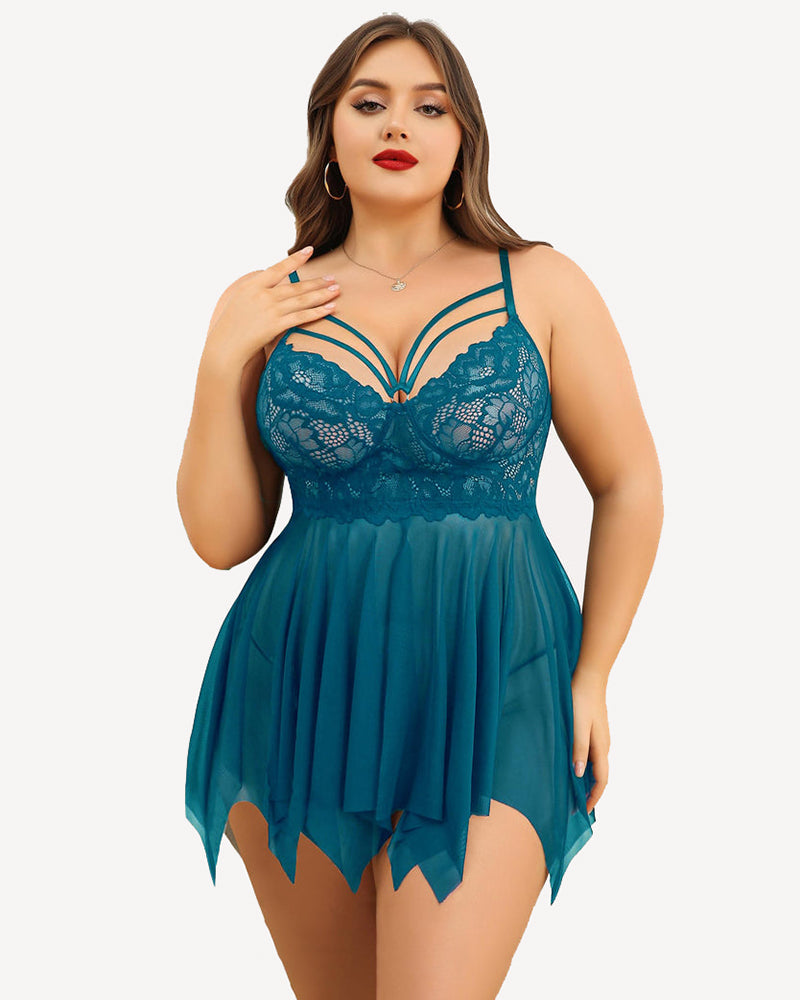 Teal plus size lace babydoll lingerie with adjustable straps and asymmetrical hem
