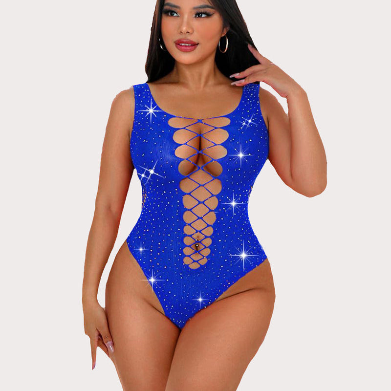 Blue mesh fishnet rhinestone bodysuit with lace-up front and sparkle, sexy lingerie for women