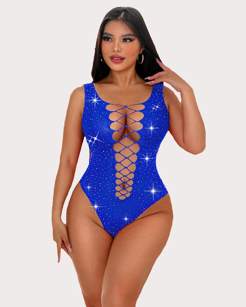 Blue mesh fishnet rhinestone bodysuit with lace-up front and sparkle, sexy lingerie for women