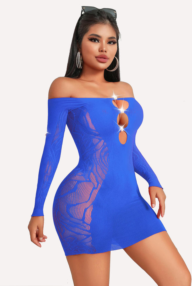 Blue fishnet bodycon mini dress with pearl accents and off-shoulder. Sexy lingerie style.