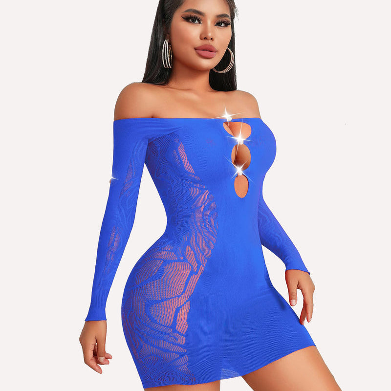 Blue fishnet bodycon mini dress with pearl accents and off-shoulder. Sexy lingerie style.