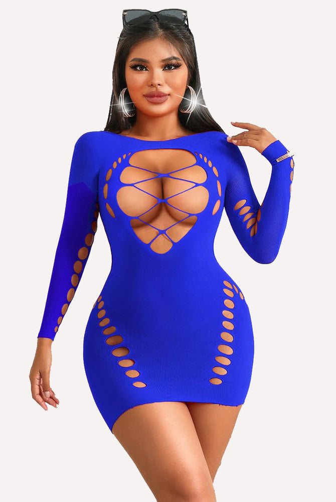 Sexy blue fishnet mini dress. Cut-out design, long sleeves, perfect lingerie to enhance curves.