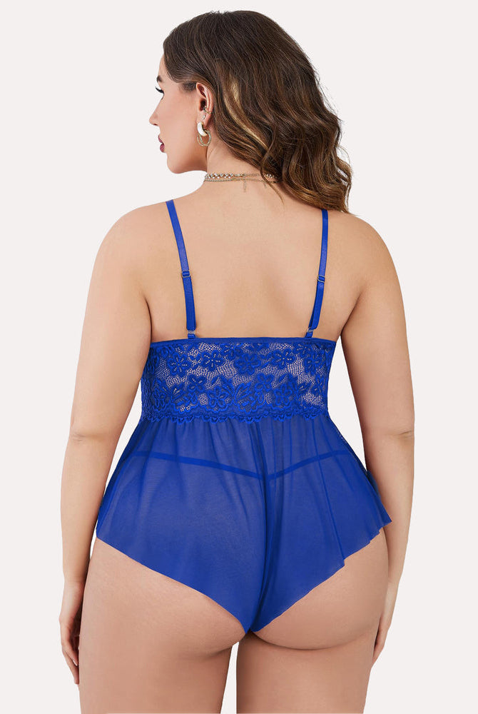 Plus size royal blue lace teddy bodysuit. Adjustable straps and sheer. Sexy lingerie.