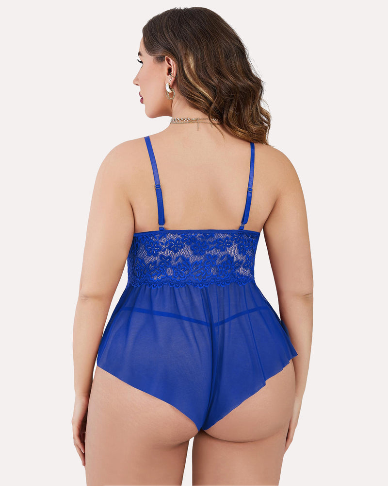Plus size royal blue lace teddy bodysuit. Adjustable straps and sheer. Sexy lingerie.