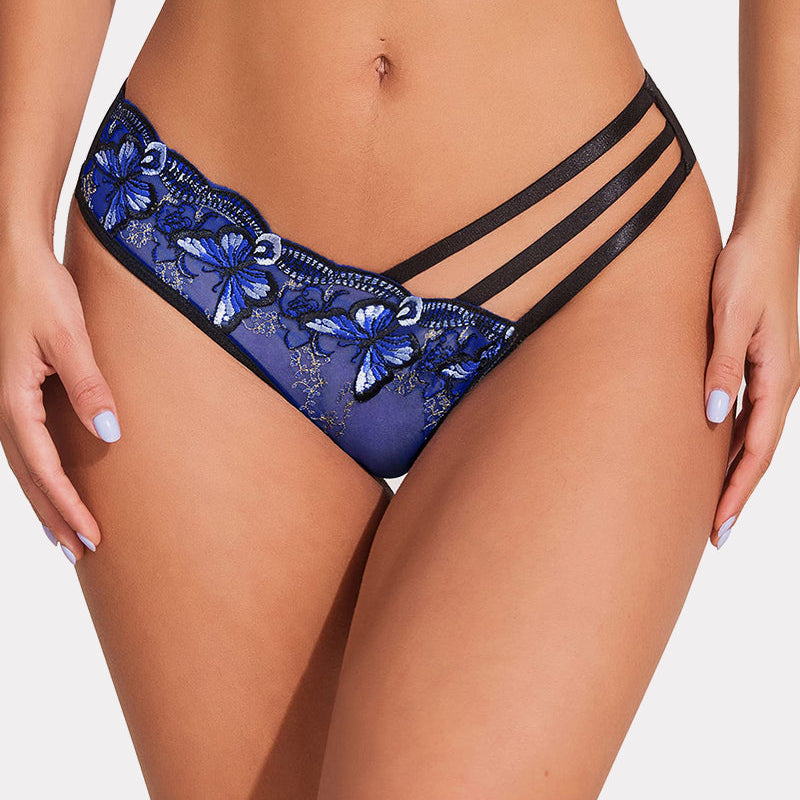 Blue butterfly embroidered mesh panties with black straps, Avidlove sexy lingerie