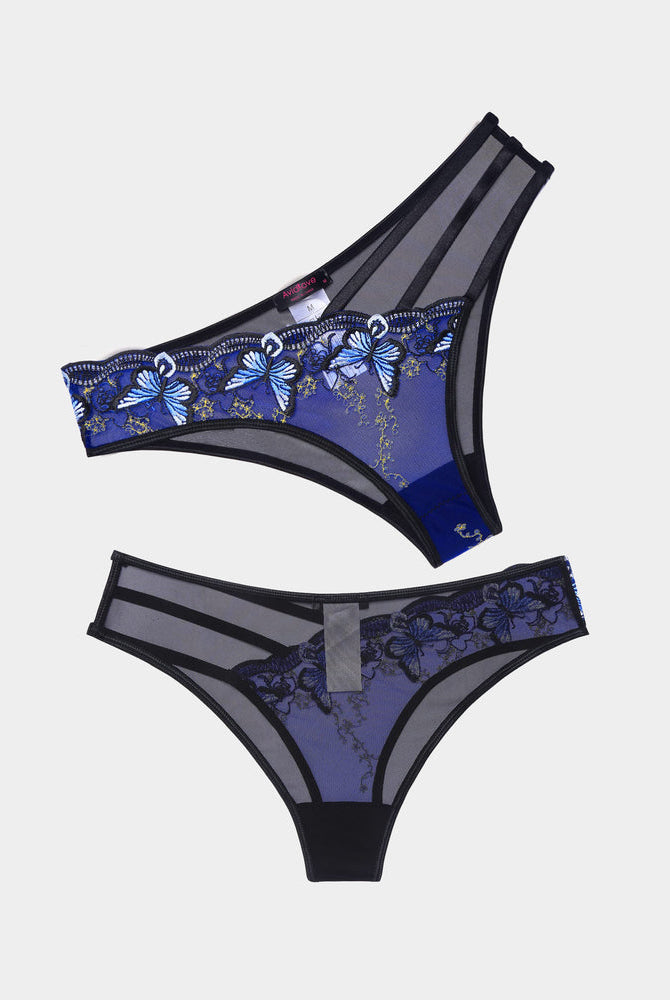 Avidlove blue mesh butterfly panties, triple straps, sexy lingerie.