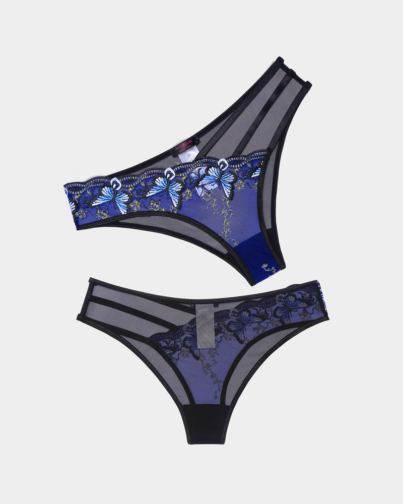 Avidlove blue mesh butterfly panties, triple straps, sexy lingerie.
