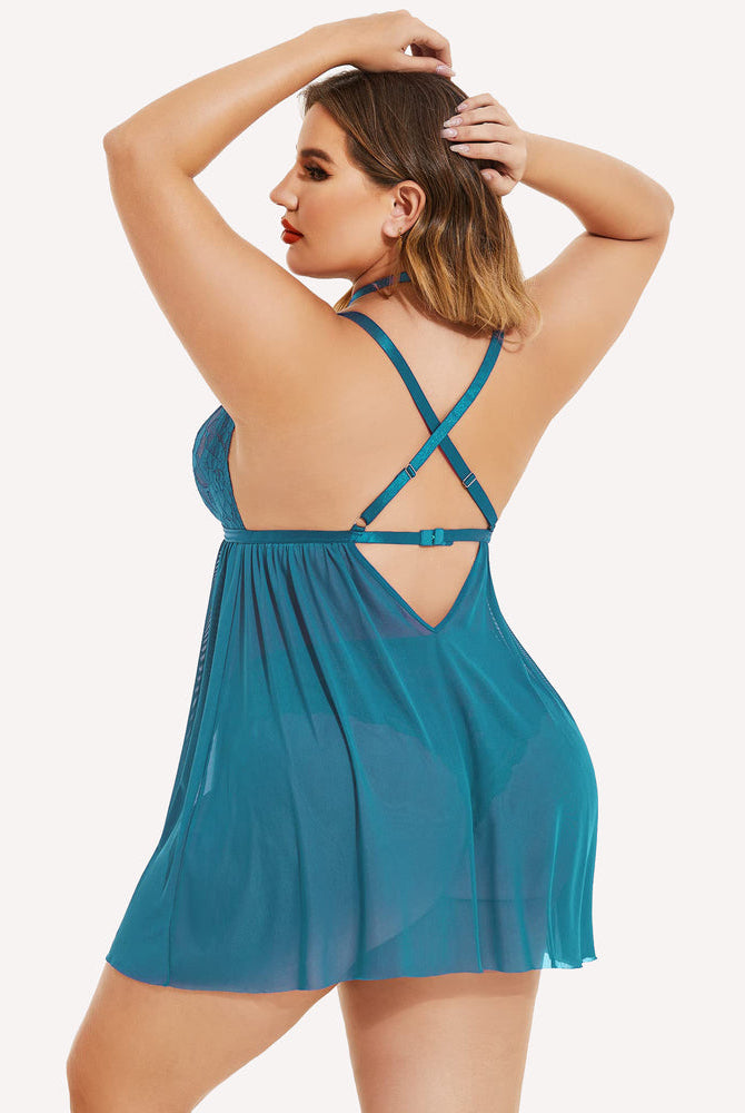 Plus size teal babydoll lingerie with mesh overlay and choker. Sexy sleepwear for women.