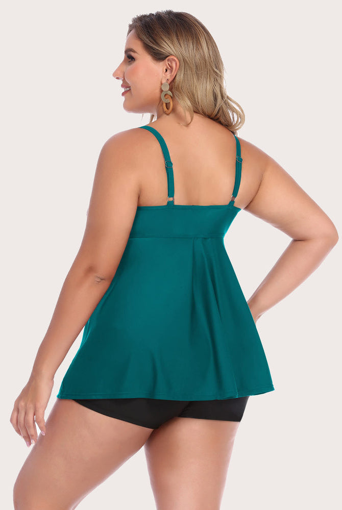 Teal tankini swimsuit with adjustable straps and black swim shorts, a retro style swimwear