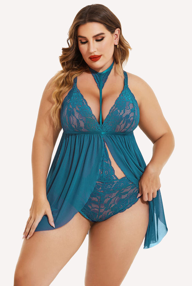 Plus size teal lace babydoll lingerie with mesh overlay and choker. Sexy sleepwear.