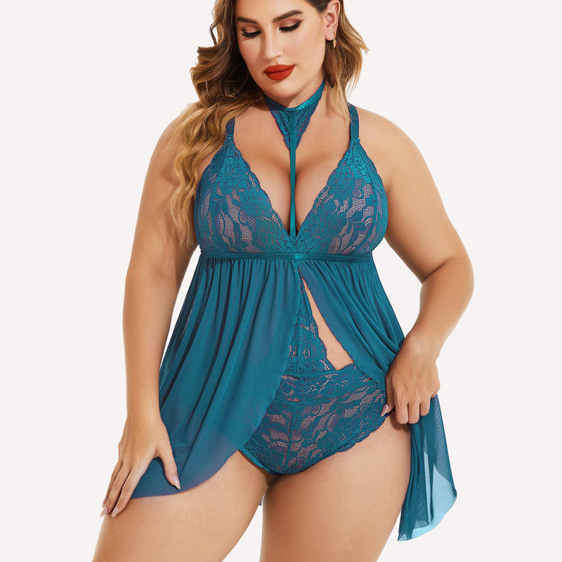 Plus size teal lace babydoll lingerie with mesh overlay and choker. Sexy sleepwear.