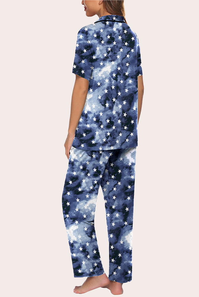Blue tie-dye star print notch collar pajama set with short sleeves and long pants.