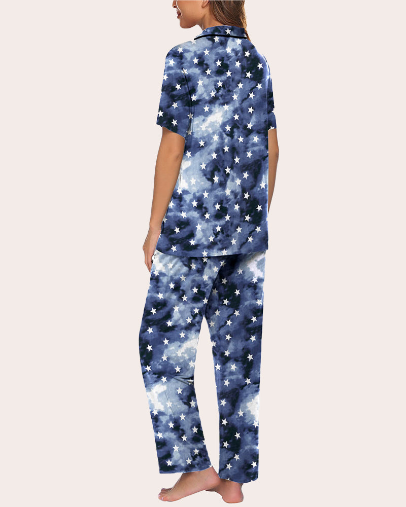 Blue Star Print Notch Collar Pajamas Set for Women. Soft and comfy sleepwear.