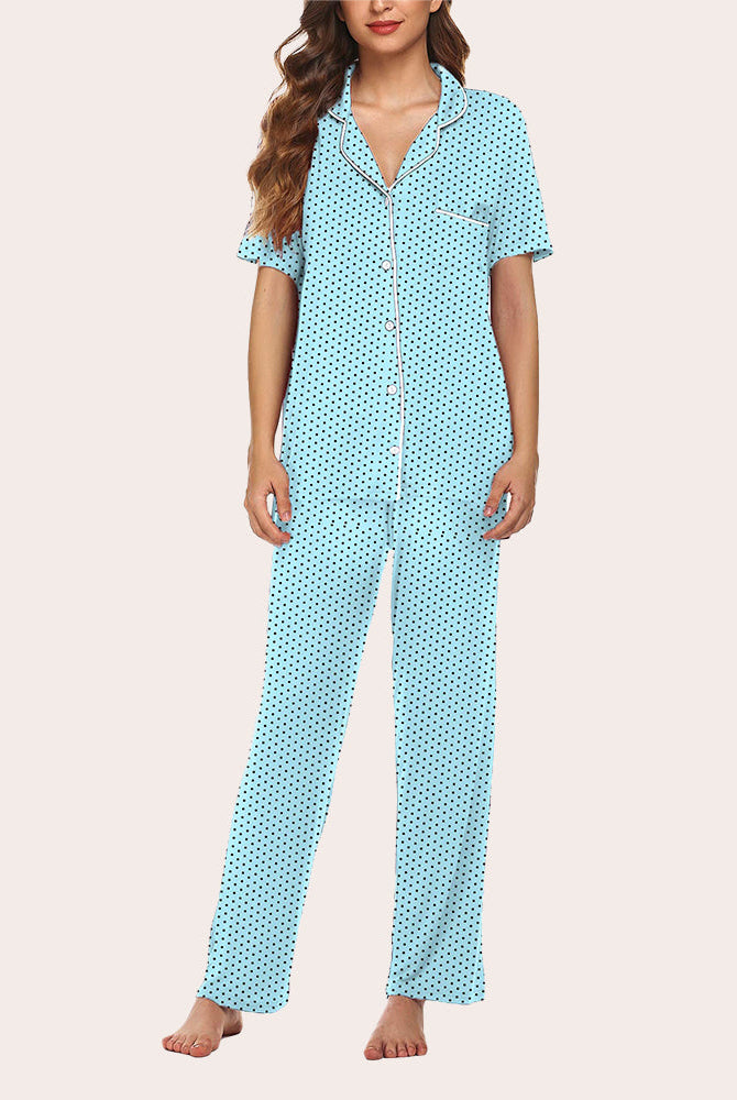 Light blue polka dot notch collar pajama set for women