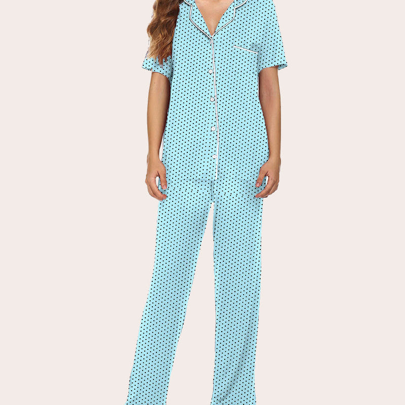 Light blue polka dot notch collar pajama set for women