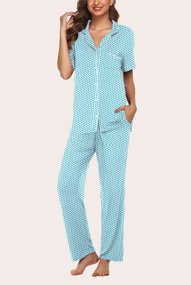 Light blue polka dot notch collar soft pajamas set with short sleeves and long pants.