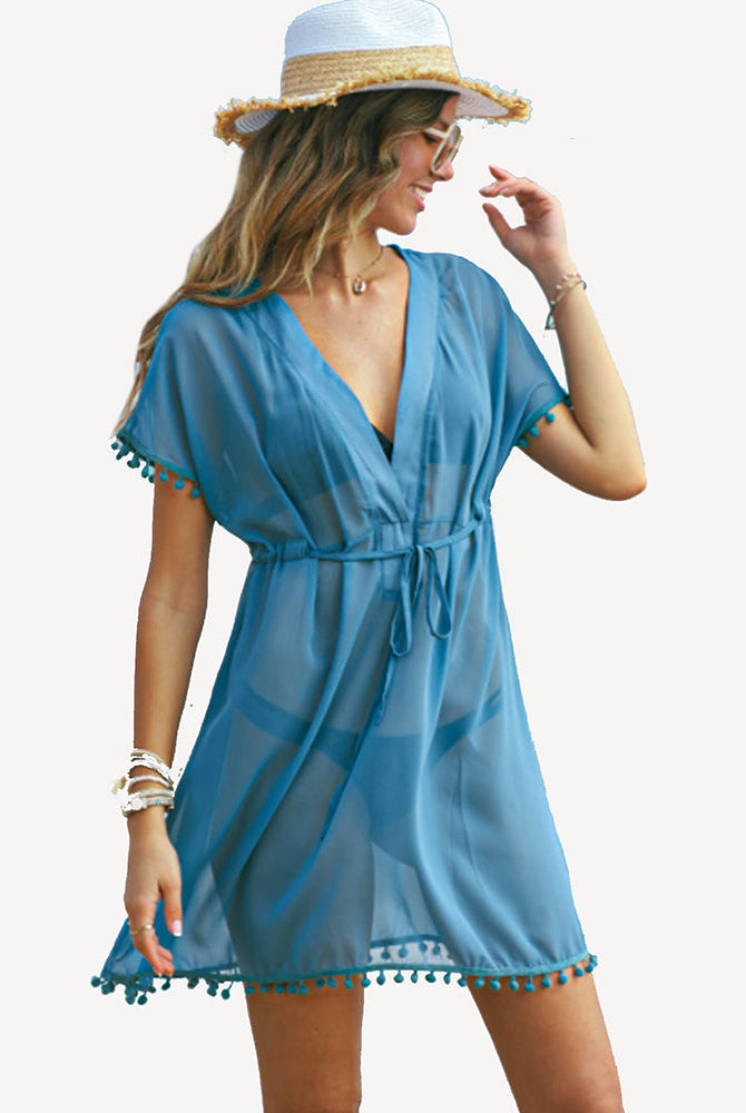 Blue chiffon kimono swimsuit coverup with tassels and drawstring waist. Beach coverup for women