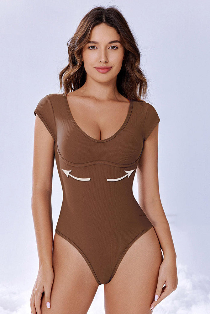 Brown cap-sleeve bodysuit, U-neck, thong cut. Comfortable and stylish shapewear for women.