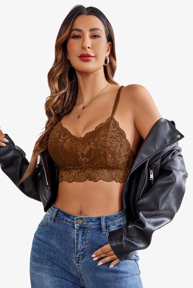 Avidlove brown floral lace V-neck bralette with denim jeans and black leather jacket. Sexy lingerie.