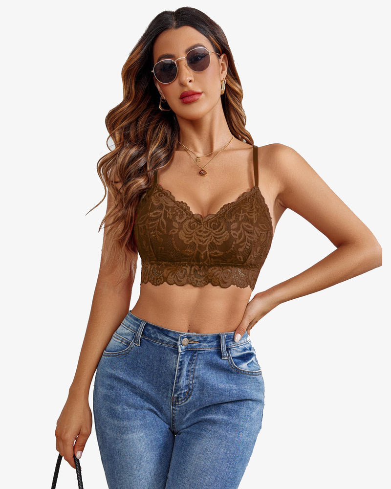 Avidlove brown floral lace V-neck bralette crop top with denim jeans. Sexy lingerie for women