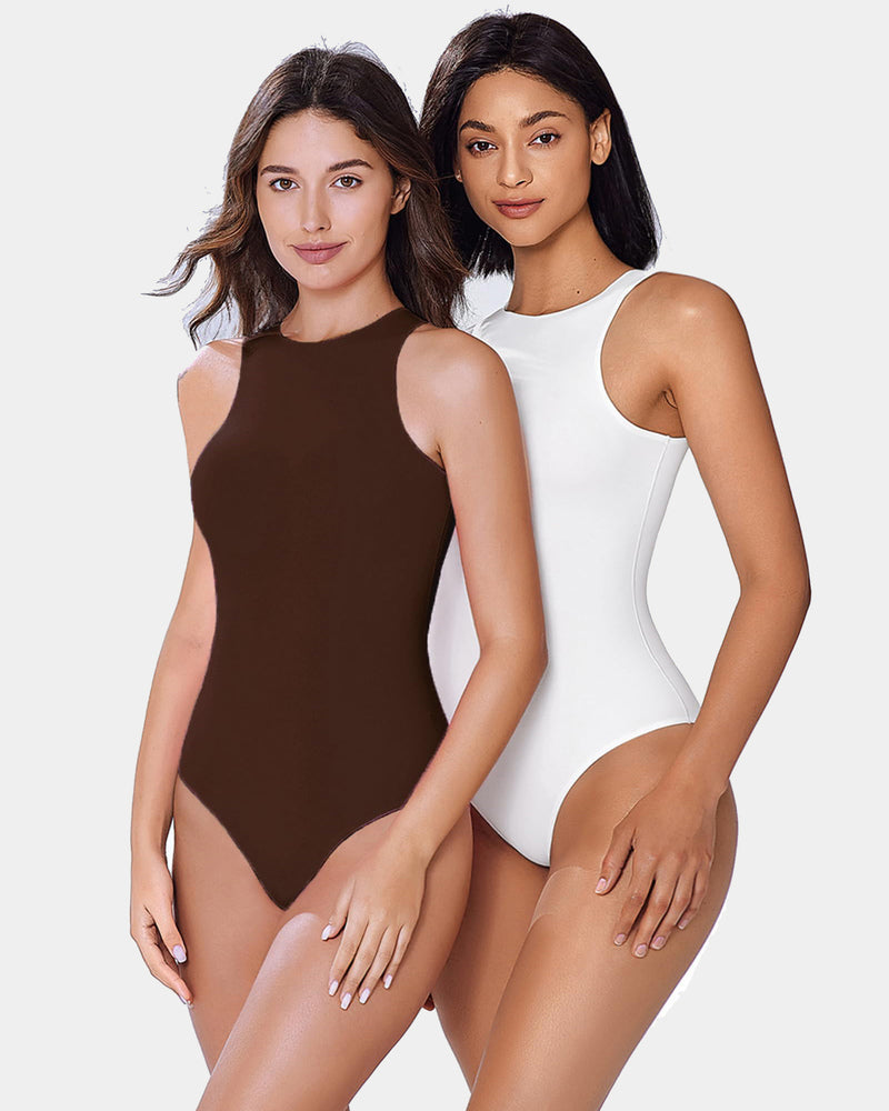 Avidlove Double-Lined Tank Bodysuit Shapewear in Brown and White, Comfortable and Breathable