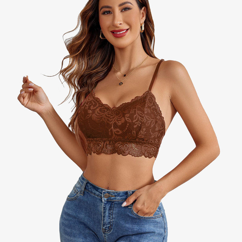 Avidlove brown floral lace V-neck bralette crop top with jeans. Sexy women's lingerie.