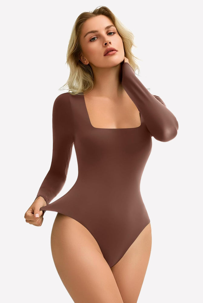 Brown square neck bodysuit, stretchy design, shows bodyline, soft and comfortable, layering piece.