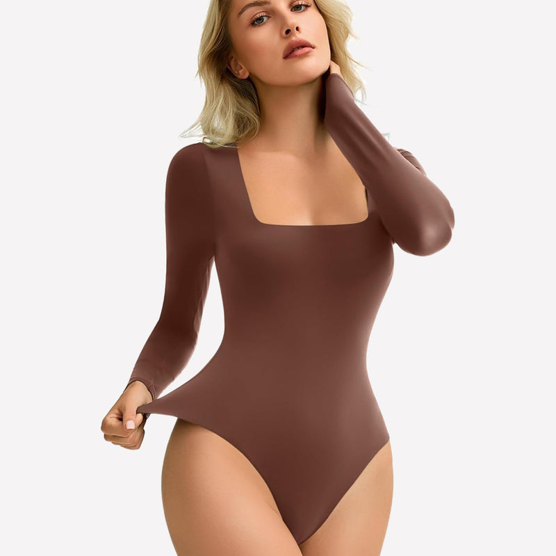 Brown square neck bodysuit, stretchy design, shows bodyline, soft and comfortable, layering piece.