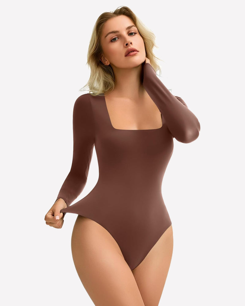 Brown square neck bodysuit, stretchy design, shows bodyline, soft and comfortable, layering piece.