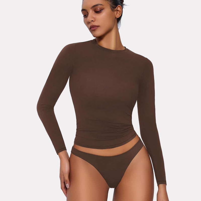 Brown Y2K double lined long sleeve top and underwear set, lightweight and breathable loungewear