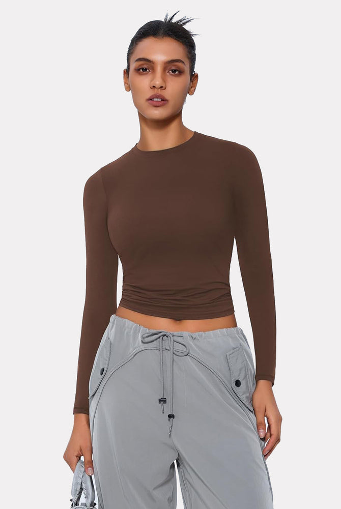 Brown Y2K double-lined top, lightweight and breathable, with gray cargo pants