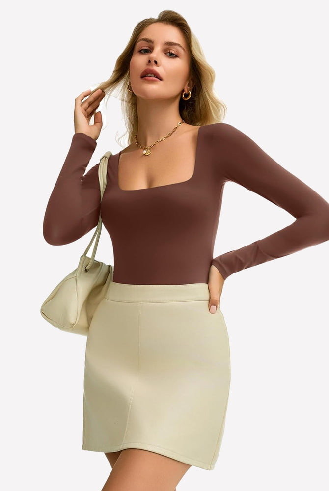 Brown square neck bodysuit. Ultra-stretchy, perfect for showing bodyline. Stylish and form-fitting.