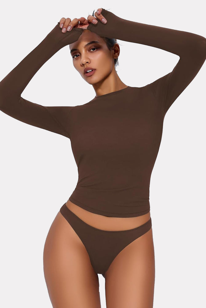 Brown Y2K double lined long sleeve top and underwear set, lightweight and breathable loungewear.