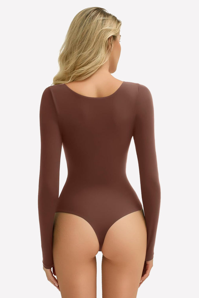 Brown long sleeve square neck bodysuit. Ultra-stretchy design, form-fitting, soft and comfortable.
