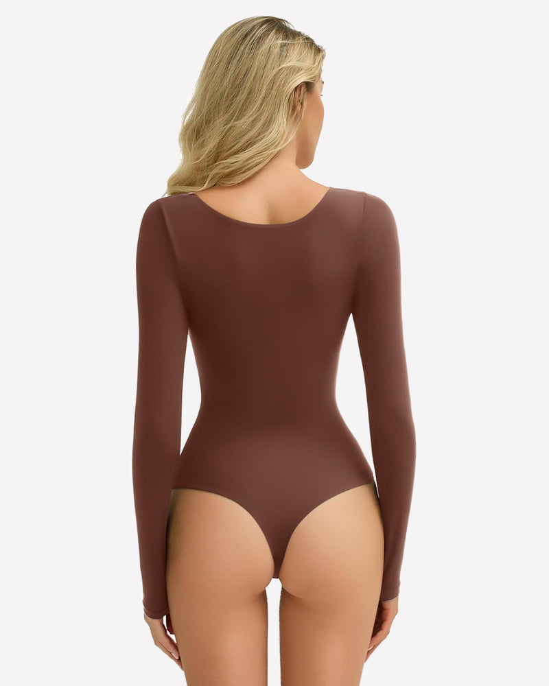 Brown long sleeve square neck bodysuit. Ultra-stretchy design, form-fitting, soft and comfortable.