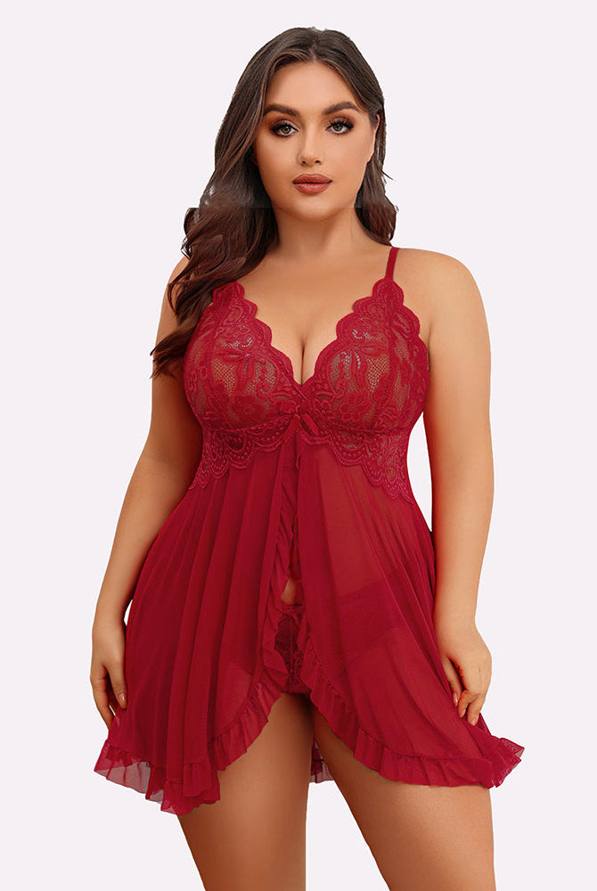 Plus Size Red Lace Babydoll Lingerie Set with Open Front and Adjustable Straps