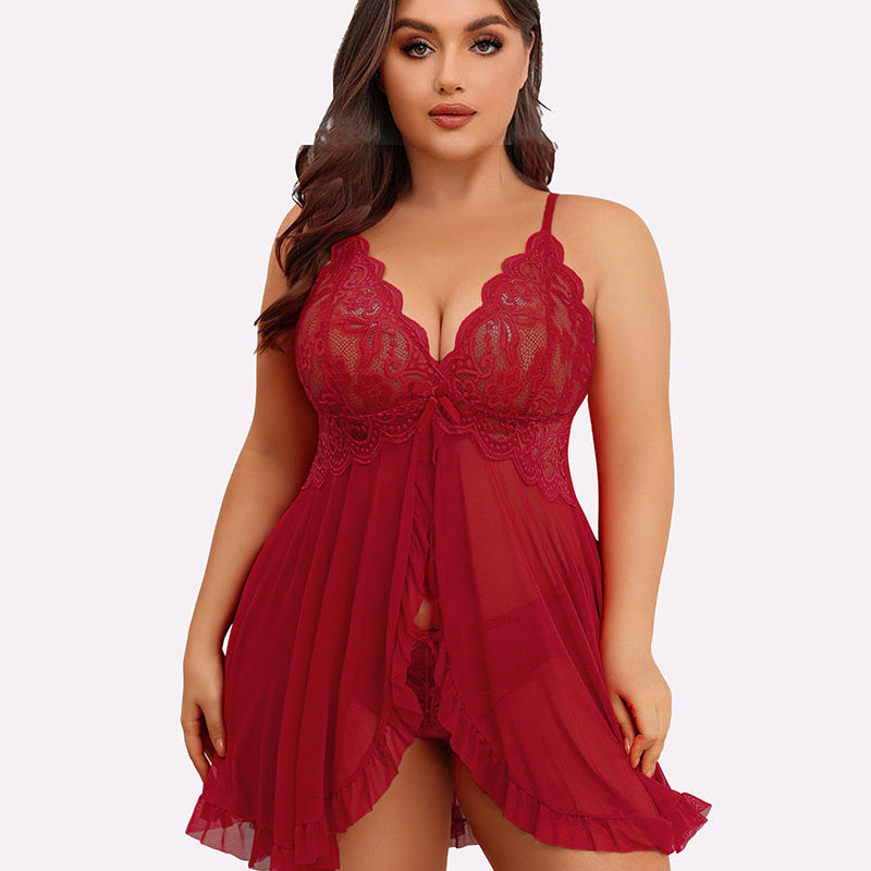 Plus Size Red Lace Babydoll Lingerie Set with Open Front and Adjustable Straps
