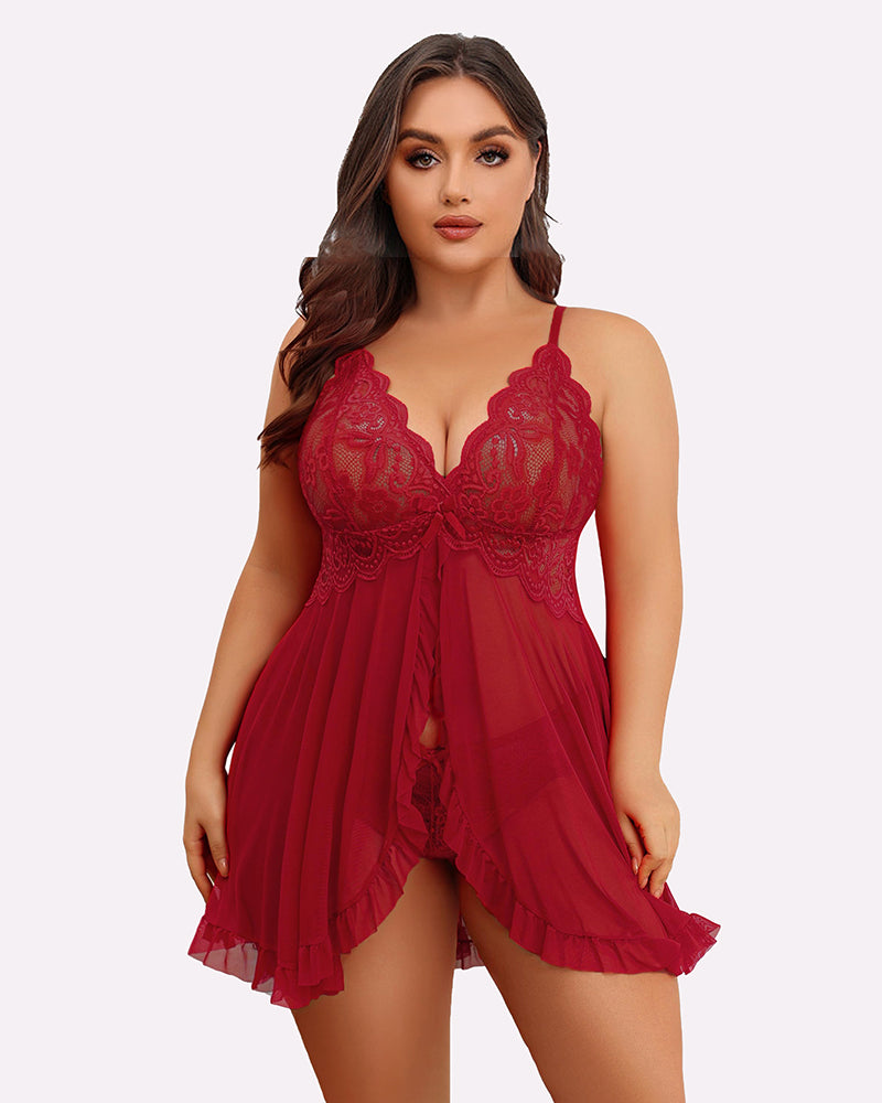 Plus Size Red Lace Babydoll Lingerie Set with Open Front and Adjustable Straps