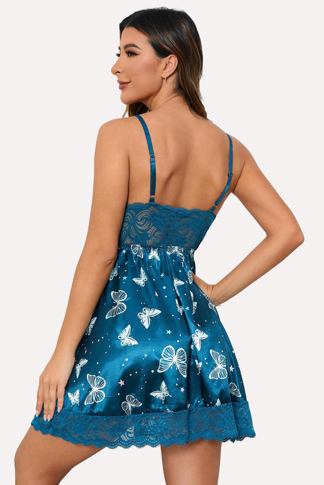 Teal satin nightdress with butterfly print and lace trim, sexy lingerie for women