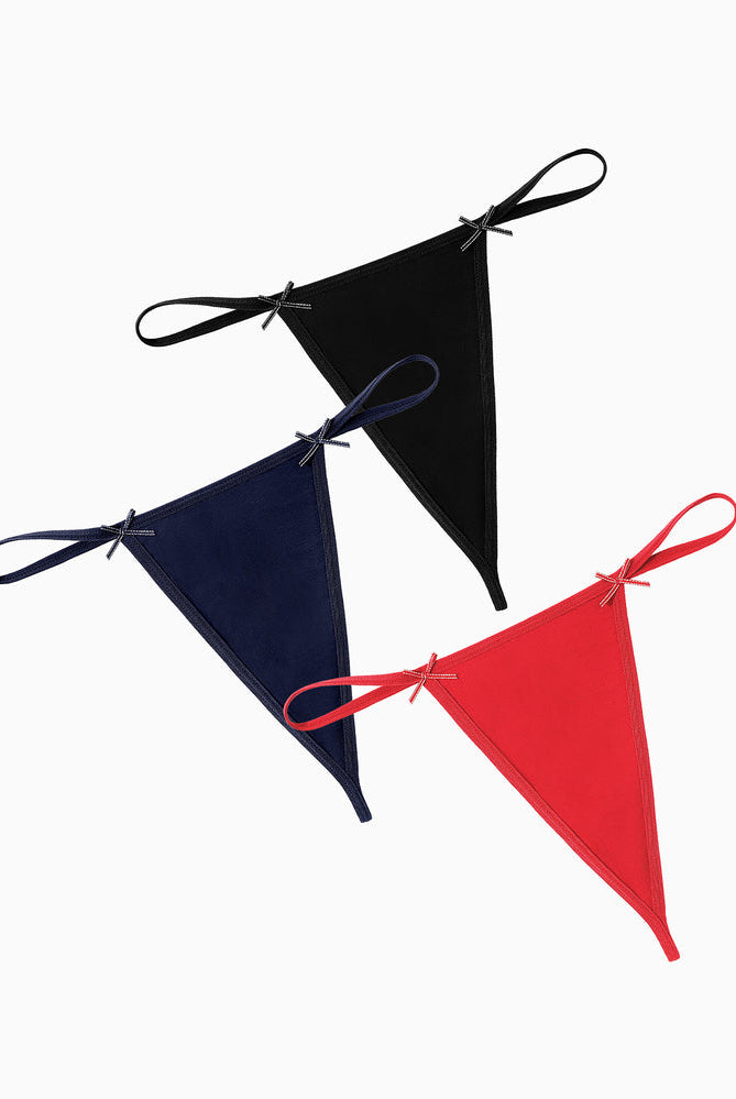 Avidlove 3-Pack G-String Thongs: Black, Navy, Red. Sexy and comfortable lingerie with bow details.