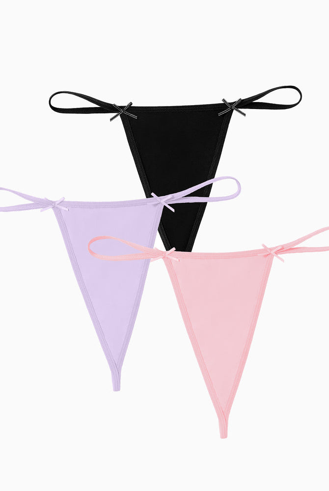 Avidlove 3-Pack G-String Thongs - Black, Purple, and Pink with Bows. Comfortable and sexy lingerie.