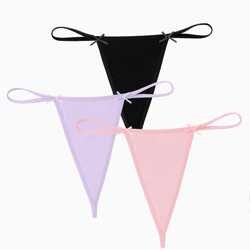 Avidlove 3-Pack G-String Thongs - Black, Purple, and Pink with Bows. Comfortable and sexy lingerie.