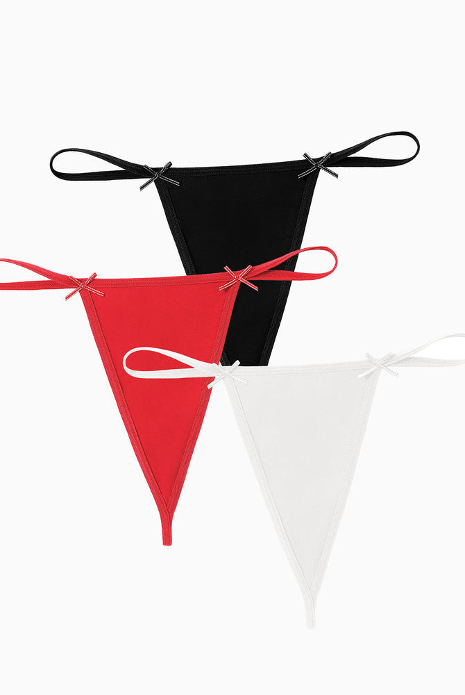 Avidlove 3-Pack G-String Thongs in Black, Red, and White with Bows. Comfortable and sexy lingerie.