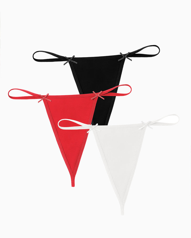Avidlove 3-Pack G-String Thongs in Black, Red, and White with Bows. Comfortable and sexy lingerie.