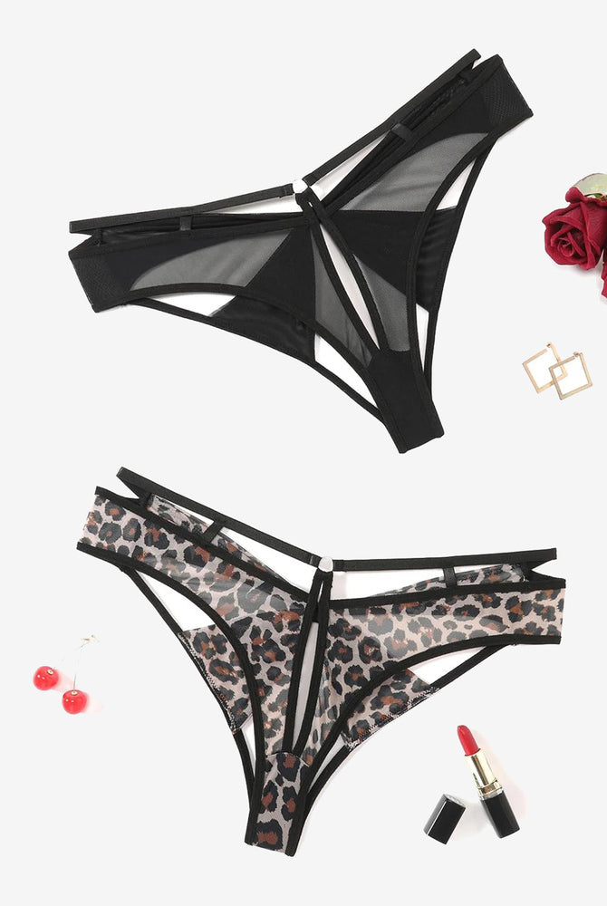 Low-rise mesh hipster panty set: black & leopard, bow back, cutout sides