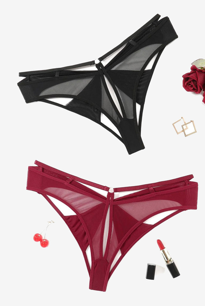 Low-rise mesh hipster panty set: black & wine red, bow back, cutout sides