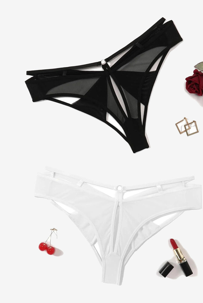 Low-rise mesh hipster panty set: black & white, bow back, cutout sides