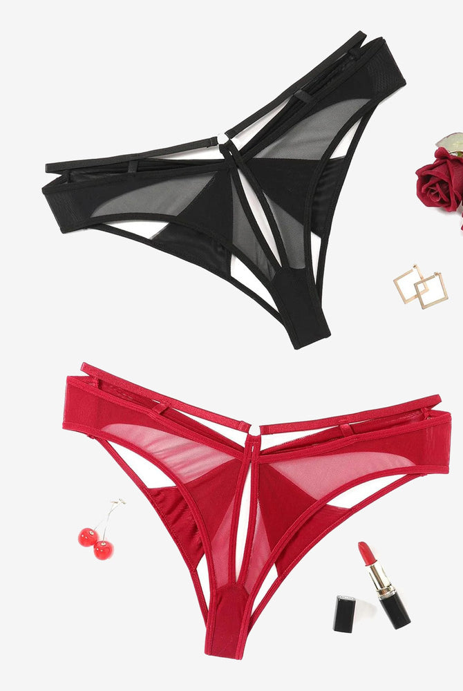 Low-rise mesh hipster panty set: black & red, bow back, cutout sides