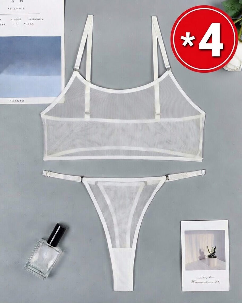 White mesh see-through camisole bra and thong set with matching straps